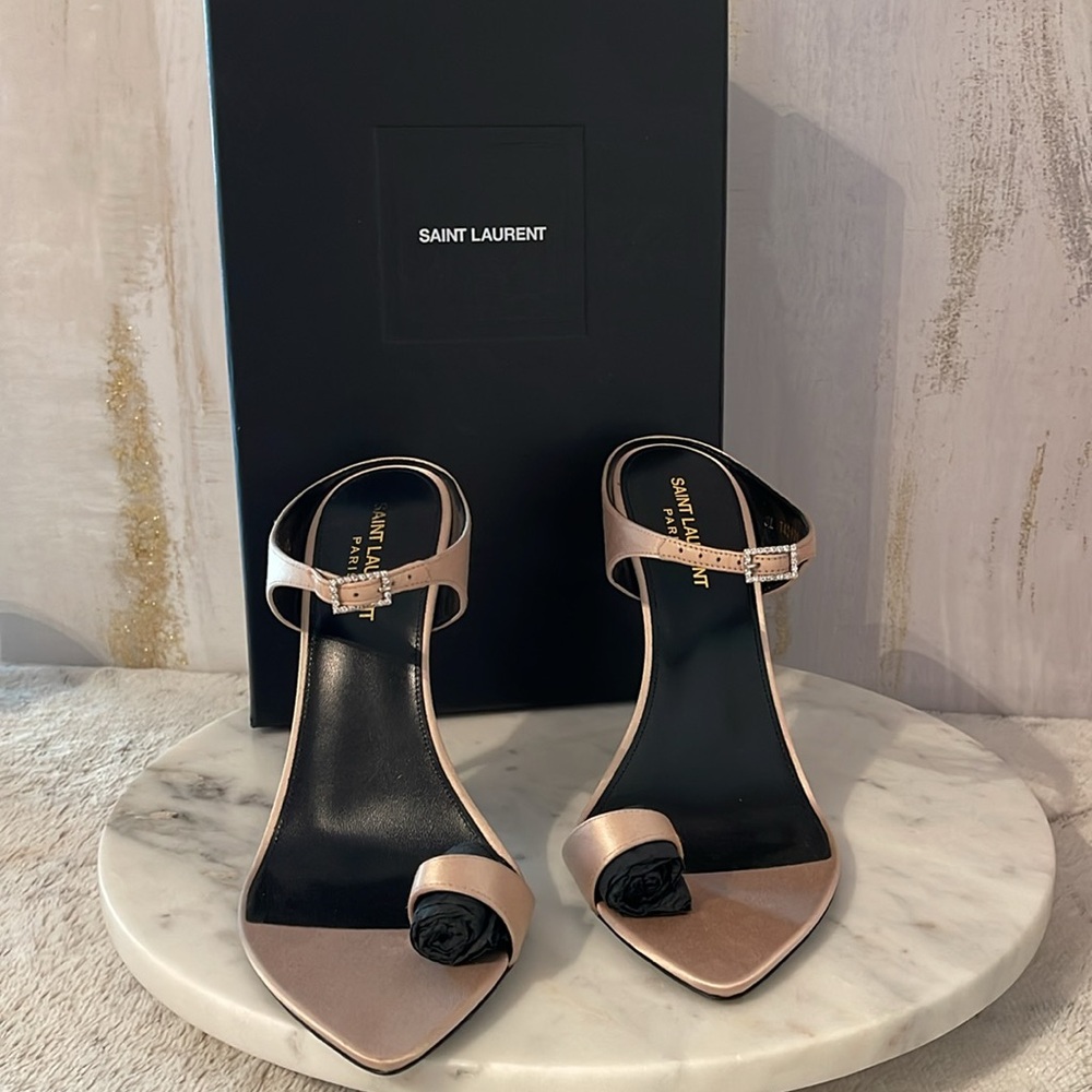 Saint Laurent Women's Tan Heels with Black Rose Detail